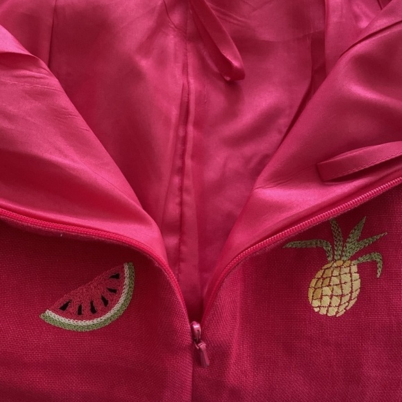Talbots Hot Pink Irish Linen Lined Tropical Fruit Embroidered Pants Size 8P - Picture 11 of 12